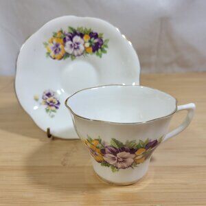 Teacup and Saucer, Fine Bone China, Pansy Floral Design with Gold Trim #135